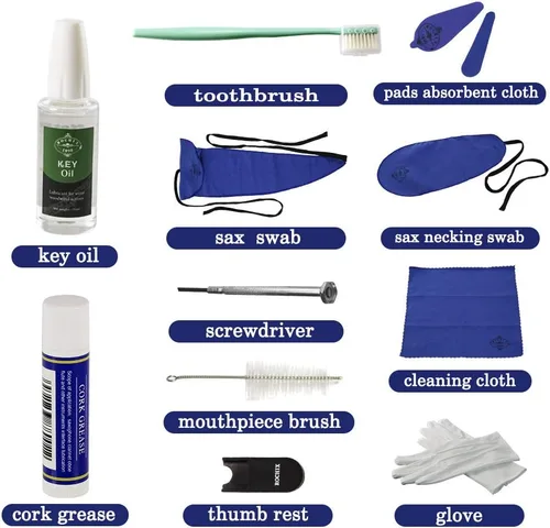 Miniatura 2 de Kit de limpieza de cuidado de limpiador de saxofón, kit de mantenimiento, aceite de clave, grasa de corcho, hisopo, paño de limpieza, reposamuñecas