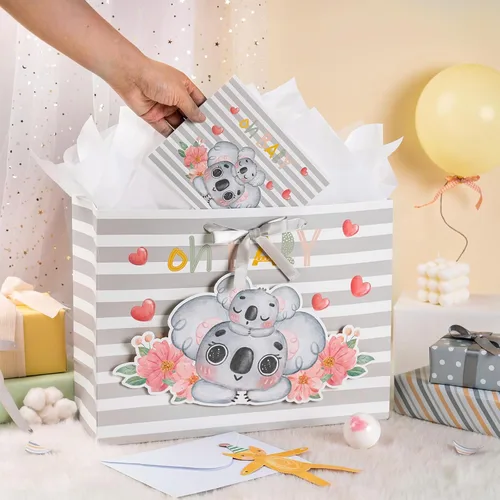 Miniatura 2 de Loveinside Bolsa de regalo de koala gris bebé con papel de seda y tarjeta de felicitación para baby shower, nuevos padres y más, 16 x 6 x 12