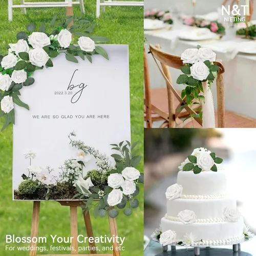 Miniatura 419 de N&T NIETING Flores artificiales, rosas artificiales de color rosa intenso, 50 piezas de flores falsas con tallo para ramos de boda DIY, centros