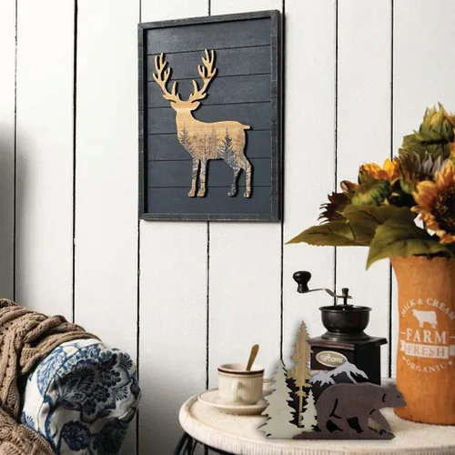 Miniatura 5 de Surakey Estatuas y figuras de madera, ciervos animales, osos, lobo, bosque, alce, decoración del hogar, siluetas de bosque multicapa y esculturas