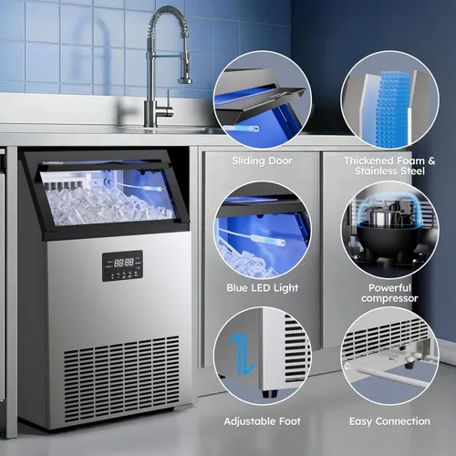 Miniatura 6 de Máquina comercial para hacer hielo – 150 libras/24 horas, máquina de hielo comercial con contenedor de almacenamiento de 50 libras, debajo