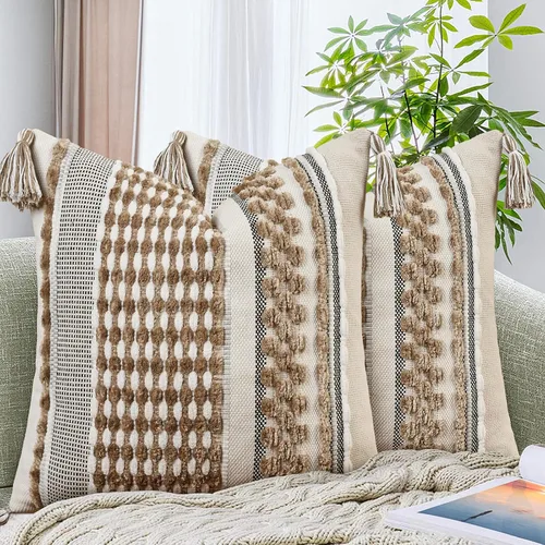 Miniatura 8 de AmHoo - Fundas de almohada de 18 x 18 pulgadas con borlas, fundas de almohada decorativas tejidas con textura de chenilla estilo boho para sofá