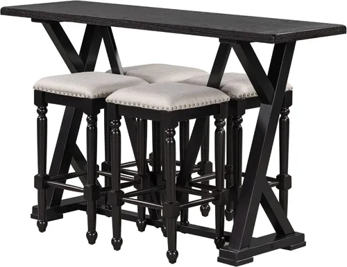 Miniatura 5 de Mid-Century - Juego de comedor de 5 piezas, altura de mostrador, mesa consola de madera con patas de caballete y 4 taburetes para lugares pequeños