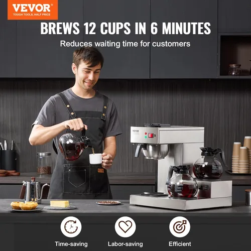 Miniatura 2 de VEVOR Cafetera de Goteo Comercial de 12 Tazas, Máquina Cafetera con 3 Jarras de Vidrio y 3 Platos Calentadores, Cafetera de Acero Inoxidable