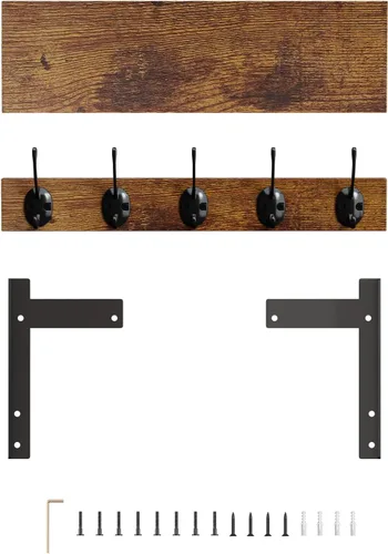 Miniatura 9 de Ganchos de pared con estante, perchero de madera con estante montado en la pared, estantes colgantes de entrada con 5 ganchos de metal para ropa
