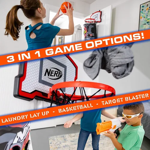 Miniatura 8 de NERF Cesta de aro de baloncesto – Cesta para ropa sucia sobre la puerta + objetivo de disparo – Mini canasta de aro + juego de baloncesto