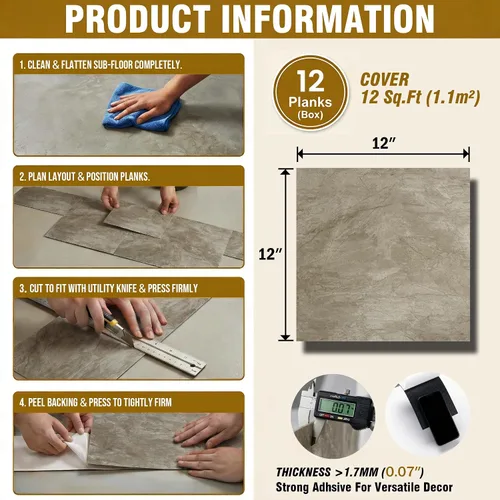 Miniatura 5 de Azulejos de suelo para despegar y pegar, suelo de vinilo impermeable de 12 pies cuadrados, azulejos gruesos de aspecto de mármol beige y marrón