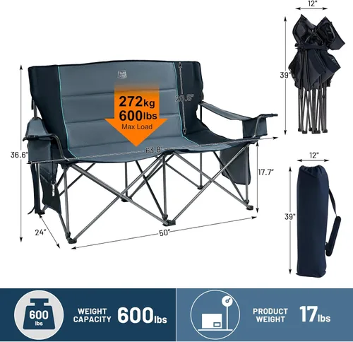 Miniatura 2 de TIMBER RIDGE Sillas de camping dobles de gran tamaño, sofá de campamento, sofá de dos plazas para 2 personas, silla de campamento plegable doble