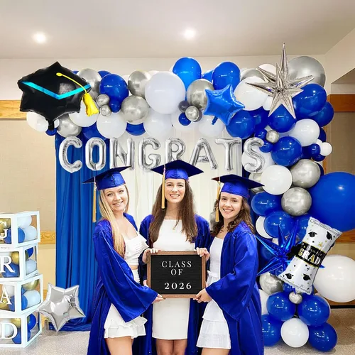 Miniatura 3 de Kit de arco de globos de graduación 2026, decoraciones de fiesta azul real y plateado: diploma de aluminio, letras de felicitación, globos de Azul