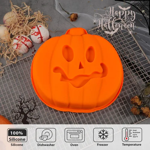 Miniatura 4 de Webake Molde para Pastel de Calabaza de 8 Pulgadas de Silicona Molde Jack-O-Lantern Molde para Pastel con Forma de Calabaza 3D Grande, Molde