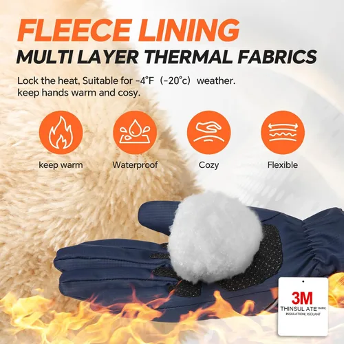Miniatura 2 de Guantes de invierno impermeables y resistentes al viento para hombres y mujeres, térmicos cálidos para clima frío, agarre de nieve para pantalla