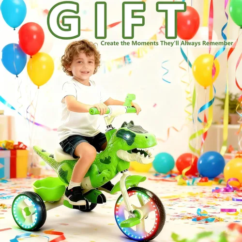 Miniatura 7 de NMM Triciclo de Dinosaurio para Niños Pequeños, Triciclo para Niños con Música, LED, Triciclos para Niños de 3-5 Años, para Ciclista, Rueda Grande