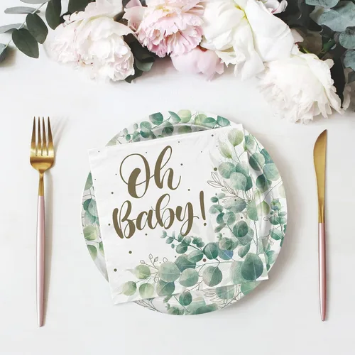 Miniatura 5 de Sage Greenery - Suministros de fiesta de baby shower, platos de papel desechables, servilletas, tazas y mantel para decoraciones de fiesta bohemia