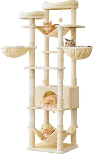 Árbol para gatos de 77 pulgadas de alto, torre grande de varios niveles para gatos con 4 hamacas, 2 perchas acolchadas, condominio para gatos, Beige