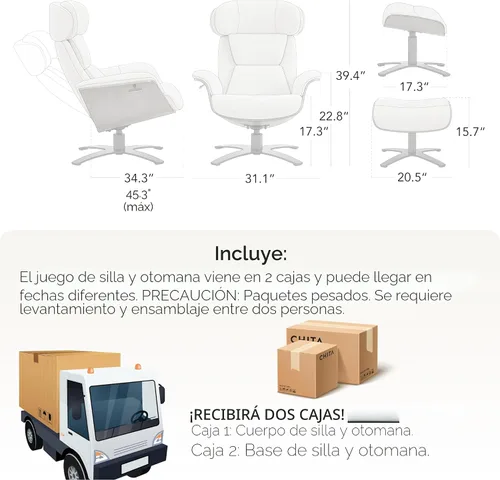 Miniatura 2 de CHITA Silla giratoria reclinable de cuero genuino con reposacabezas ajustable y otomana para sala de estar, color negro