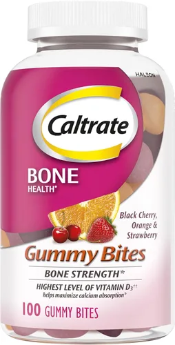 Caltrate Gummy Bites 500 mg Suplemento de calcio y vitamina D, cereza negra, fresa, naranja, 100 unidades