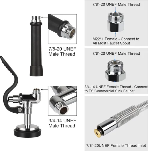 Miniatura 2 de Válvula de pulverización de preenjuague con manguera flexible de 45 pulgadas, manguera de acero inoxidable de 1.42 GPM, rociador de fregadero