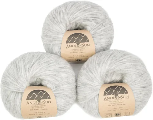 Juego de 3 hilos de lana merino de alpaca bebé [426 yardas en total] gris claro, #4 peinado