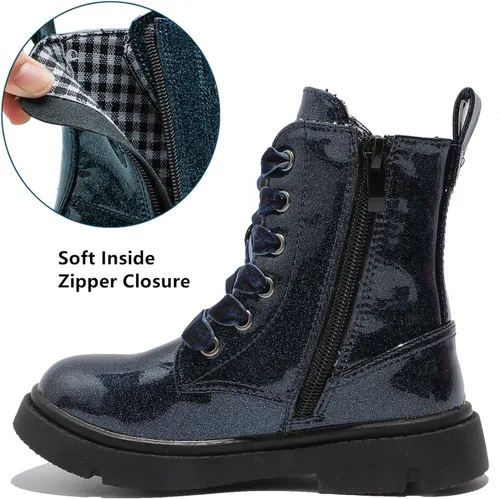 Miniatura 4 de DADAWEN Botas de tobillo con purpurina para niños y niñas, zapatos de combate impermeables con cremallera lateral para niños pequeños, niños grandes