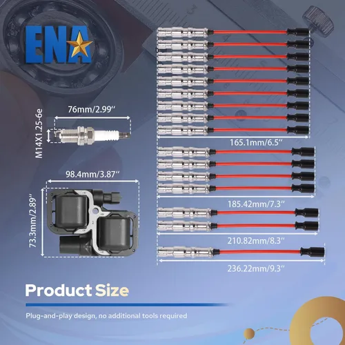 Miniatura 7 de ENA Juego de 8 bobinas de encendido con 16 bujías de iridio y juego de cables rojos compatibles con Mercedes-Benz C43 CL500 CLK430 CLK500 E430 E500
