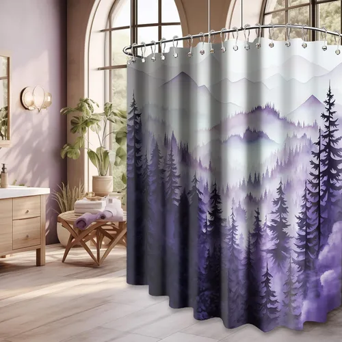 Miniatura 25 de Cortina de ducha azul marino de bosque Cortina de ducha azul oscuro de montaña y naturaleza para decoración de baño de hombres, tela impermeable
