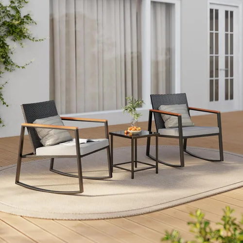 Miniatura 8 de Gizoon Juego de 3 piezas de bistró de patio mecedora con reposabrazos antiquemaduras, juego de muebles de mimbre para patio al aire libre con mesa