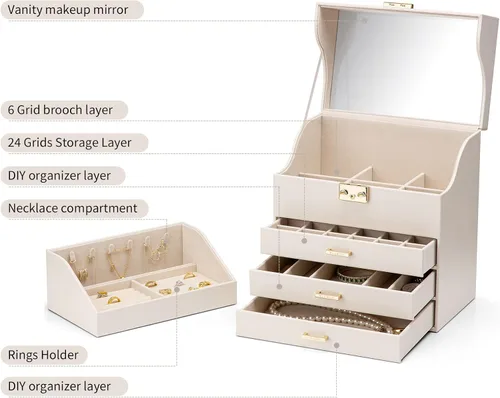 Miniatura 2 de Vlando Caja organizadora de joyas grande de terciopelo, caja de almacenamiento de joyas de 5 capas con espejo y cerradura, bandeja apilable y 3