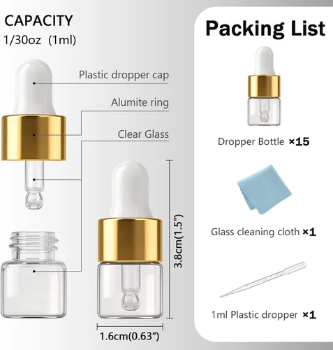 Miniatura 3 de Elfenstall- Mini Empty 15pcs 1ml (1/4 Dram) Clear Glass Bottle with Glass Eye Dropper Vial Small for Essential Oil Sample