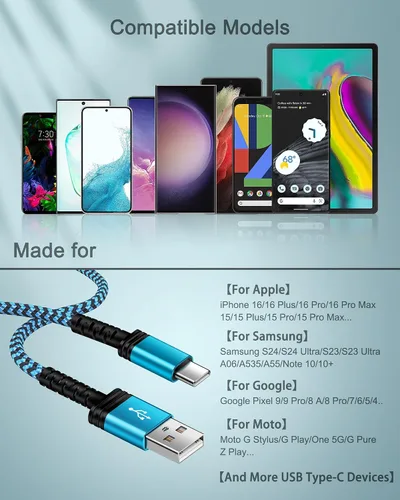 Miniatura 7 de Paquete de 3 cables de carga USB C de 3/6/10 pies de carga rápida para iPhone 17e/17/16e/16/15 Pro/15 Pro Max/15 Plus, Android Samsung Galaxy S25