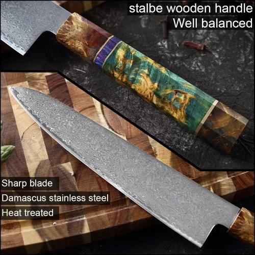 Miniatura 5 de ZZYY - Juego de 9 cuchillos japoneses de acero de Damasco con mango de madera solidificada, cuchillos Nakiri, cuchillo de chef Santoku, cuchillo