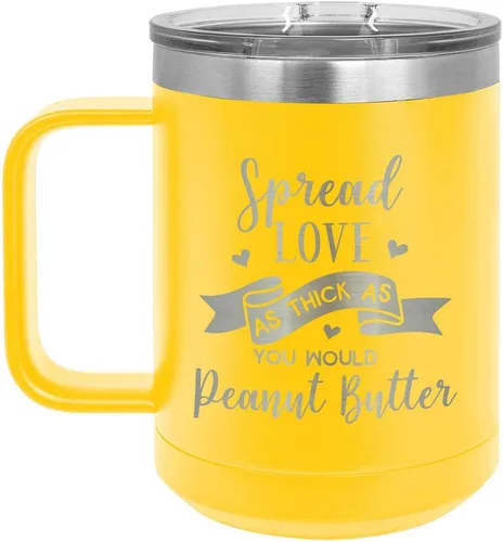 Taza de café con tapa deslizante con diseño de mariposa y texto en inglés "SPREAD LOVE AS THICK AS PEANUT BUTTER" de 15 onzas, taza de café de viaje