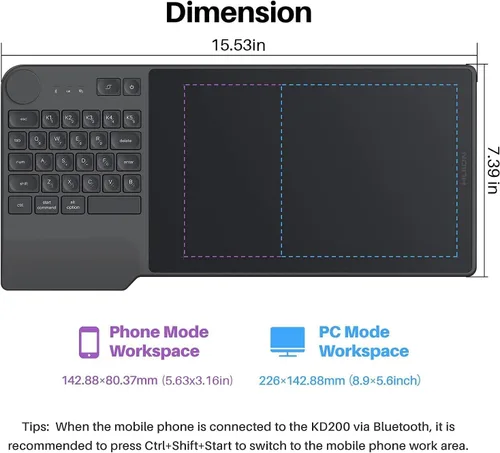 Miniatura 6 de HUION Inspiroy Keydial KD200 Tableta de dibujo inalámbrica, tableta gráfica Bluetooth con dial de teclado, 5 teclas expresas personalizadas