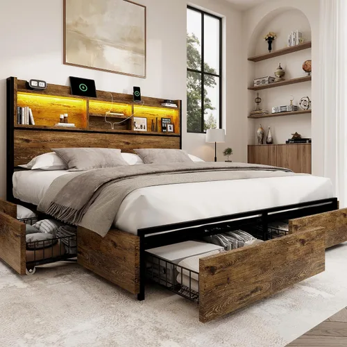 Miniatura 10 de BRELTAM Base de cama Queen con 6 cajones de almacenamiento, cabecera tapizada de lino, estación de carga USB integrada e iluminación LED, soporte
