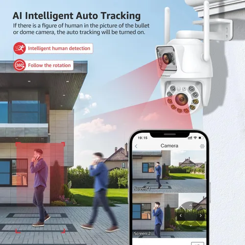 Miniatura 4 de BOAVISION Paquete de 2 cámaras de seguridad WiFi 2.4G/5G para exteriores, PTZ inalámbrica de lente dual, vista de 360°, seguimiento humano con IA