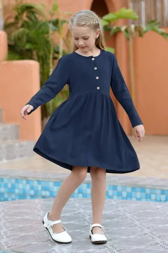Miniatura 4 de Gorlya - Vestido de manga corta con botones y cintura plisada para niñas de 4 a 12 años