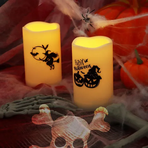 Miniatura 2 de Velas de pilar sin llama de Halloween al aire libre con temporizador diario automático, luces LED eléctricas parpadeantes realistas con calcomanías