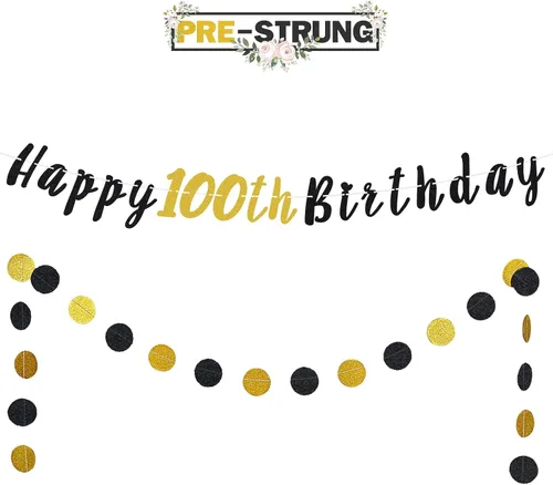 Miniatura 2 de Juego de decoración de cumpleaños número 100 – Cartel de feliz cumpleaños número 100 con puntos circulares de purpurina negra y dorada que saluda a
