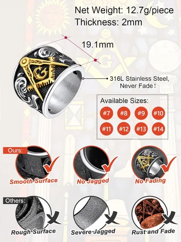 Miniatura 6 de FaithHeart Anillos de sello masónico para hombres, joyería masónica de acero inoxidable, anillo de pulgar punk con embalaje delicado