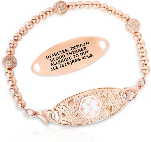 Divoti Pave Crystal Bead Medical Alert Bracelet with Filigree Tag and Free Engraving Color and Size