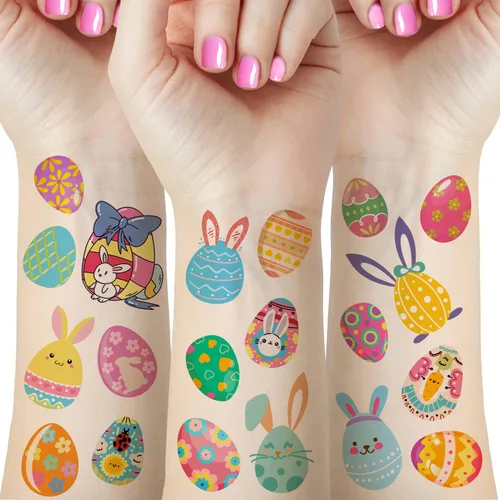 Más de 80 piezas de tatuajes de huevos de Pascua para niños, 10 hojas de calcomanías de tatuaje de huevo de conejo de Pascua para decoraciones de