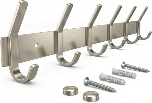 Miniatura 13 de Perchero de Pared Blanco – Riel de Ganchos de Acero Inoxidable de 15 Pulgadas con 5 Ganchos Dobles Resistentes para Abrigos – Perchero Montado