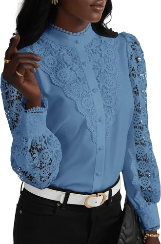 Miniatura 26 de Rooscier Blusa Elegante de Encaje de Crochet con Cuello Alto Simulado de Manga Larga con Botones para Mujer Top