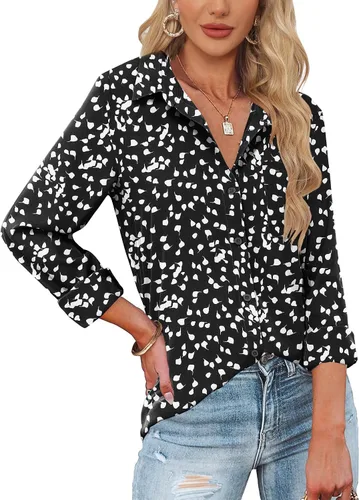 Miniatura 10 de HOTOUCH Camisas de botones de manga larga para mujer, camisas de vestir casuales con cuello en V y cuello, tops para trabajo de oficina, blusa