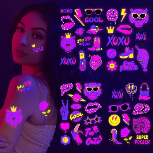 Konsait Tatuajes temporales de neón, 48 estilos | Tatuajes de vaquera de discoteca rosa con luz negra para despedidas de soltera y fiestas de