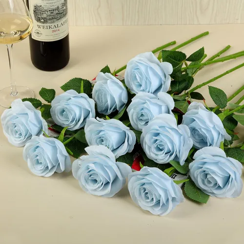 Miniatura 4 de 12 piezas Rosas Flores Artificiales Rosas Falsas Azul Bebé Rosas de Seda Flores de Seda Blancas Rosas con Tallos Largos para Bodas Hogar Fiestas