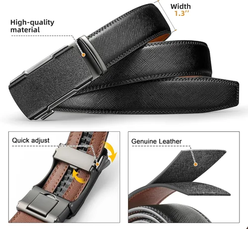 Miniatura 2 de Cinturón de trinquete para hombres,Cinturón de vestir de cuero genuino de 1 38 pulgadas con hebilla ajustable deslizante,Pantalones de hombre camisa