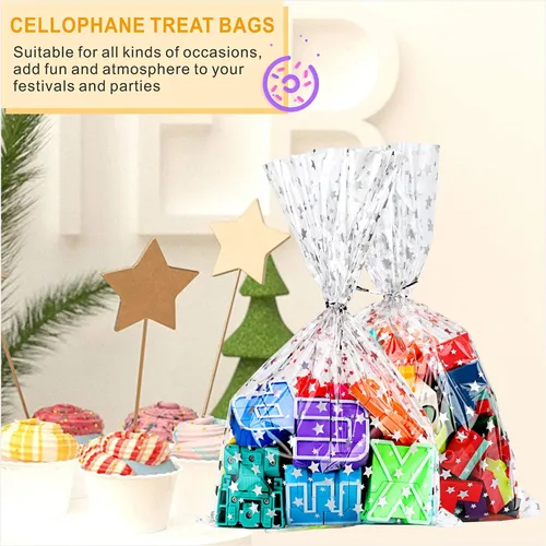 Miniatura 6 de 100 bolsas de celofán con estampado de estrellas plateadas de 5 x 11 pulgadas, bolsas de celofán transparentes para galletas, con lazos giratorios