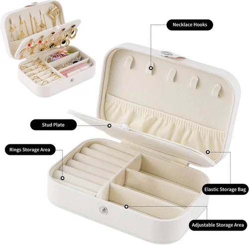 Miniatura 3 de Joyero de viaje, organizador de joyas pequeño de piel sintética para mujeres y niñas, mini estuche de viaje portátil de doble capa, cajas