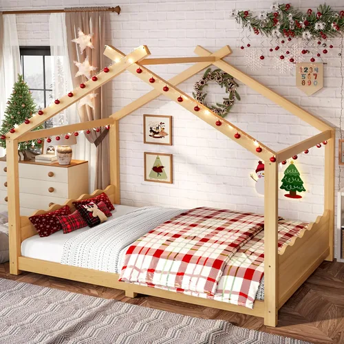Miniatura 14 de Camas de madera Montessori tamaño individual, cama de plataforma para niños con cabecero y estribo, cama de tienda de campaña, no necesita somier