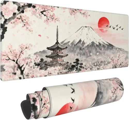 Miniatura 23 de Alfombrilla de mouse para juegos de acuarela japonesa negra y blanca con flor de cerezo de 35.4 x 15.7 pulgadas, XXL extendida, alfombrilla de mouse